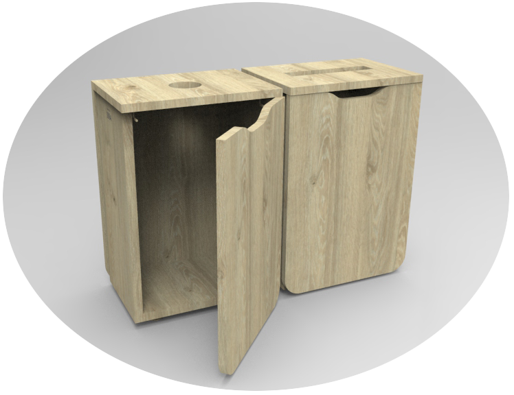 borne de tri sélectif tout en bois avec pièce centrale en angle droit. entièrement recyclable.