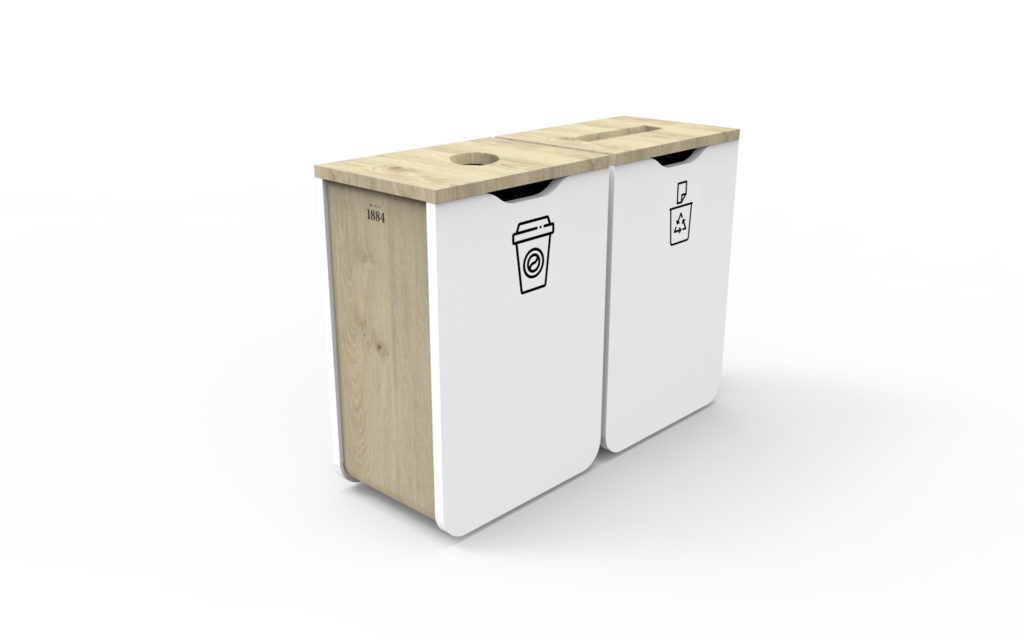 bornes de tri sélectif sur-mesure tout en bois (chêne et blanc)