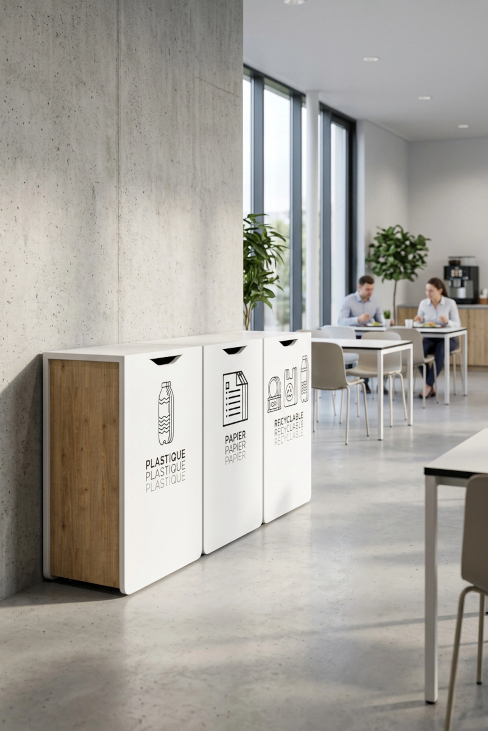 Borne de tri intérieur en bois trois compartiments