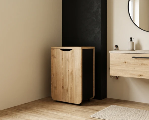 Poubelle design intérieur bois pour salle de bain
